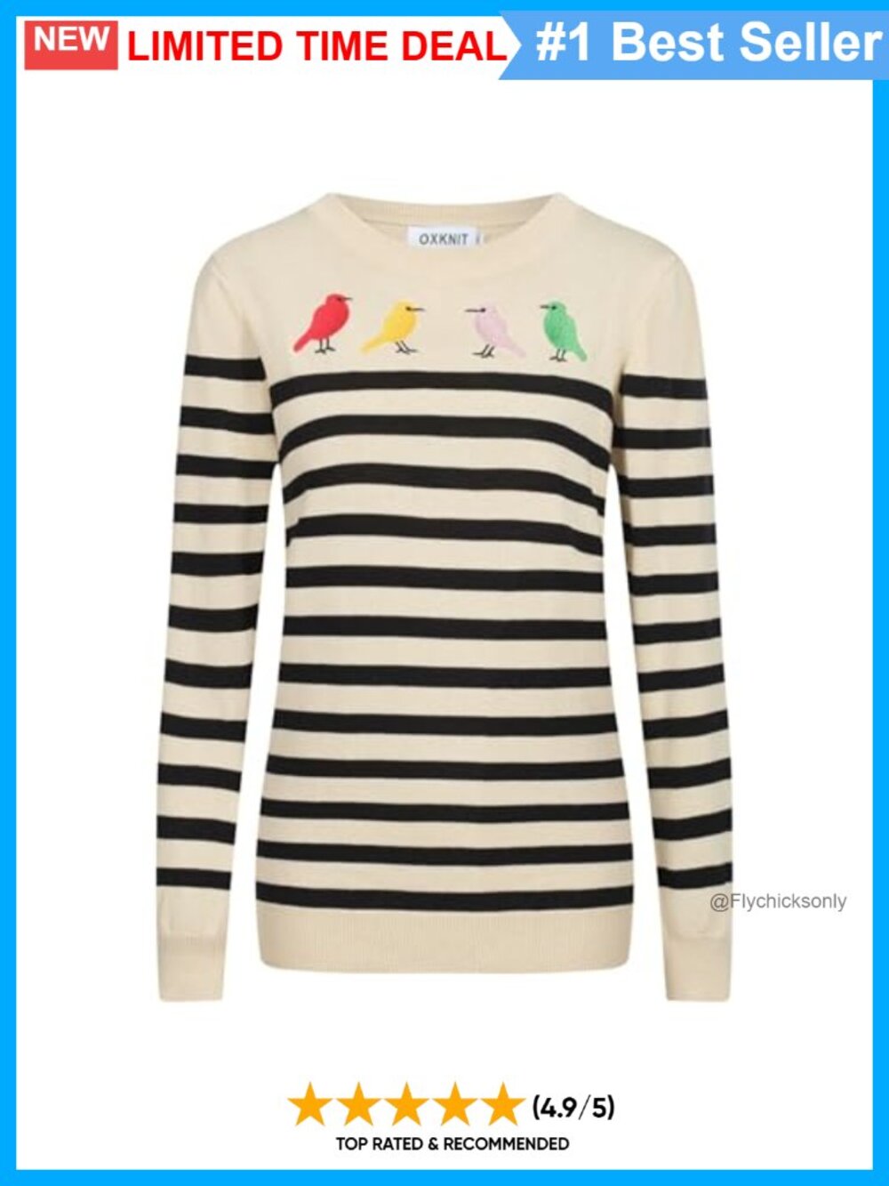 OXKNIT Women's Knit Long Sleeve Sweater Vintage Bird Pattern Crewneck Pullover